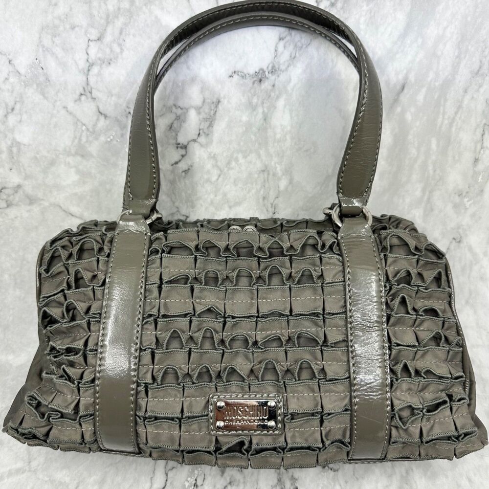 Moschino Cheap and Chic Gray Ruched Nylon Shoulder Bag Handbag Patent Trim Vtg
